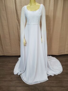 White Beaded Long-Sleeve Bridal Gown with Draped Sleeves